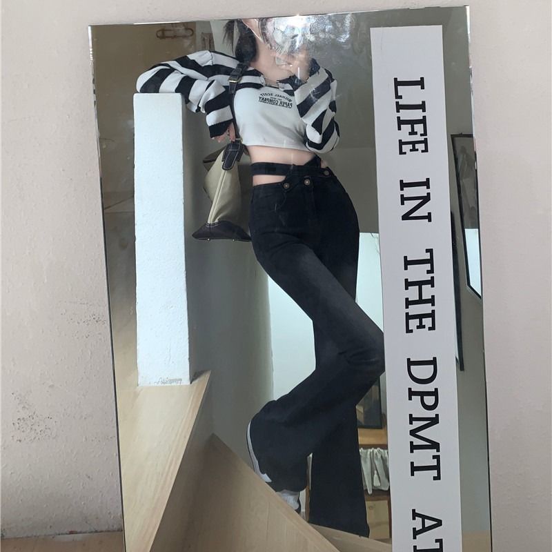Suhao Plus Ukuran Gaya Hong Kong Retro Jeans Wanita Musim Gugur Baru Cross Sabuk Tinggi Pinggang Ramping Tubuh Menutupi Daging Menampilkan tipis Micro Booth Celana