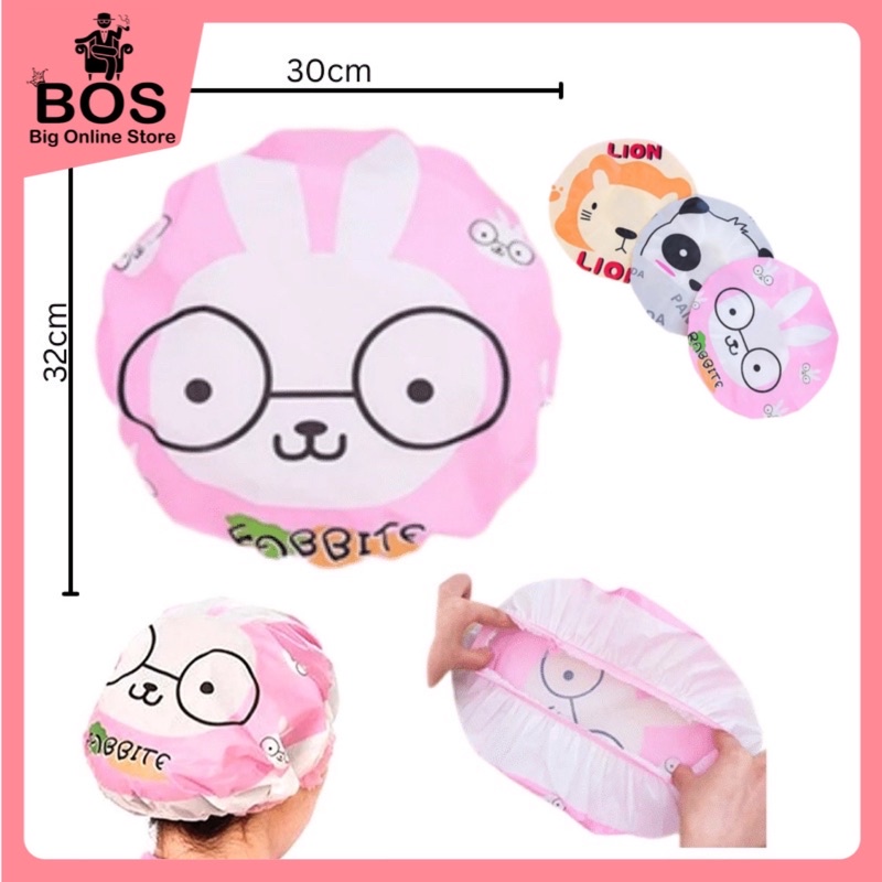 BOS - Dua Warna Shower Cap Karakter Topi Keramas Penutup Rambut Anak Dewasa Bahan Plastik PVC