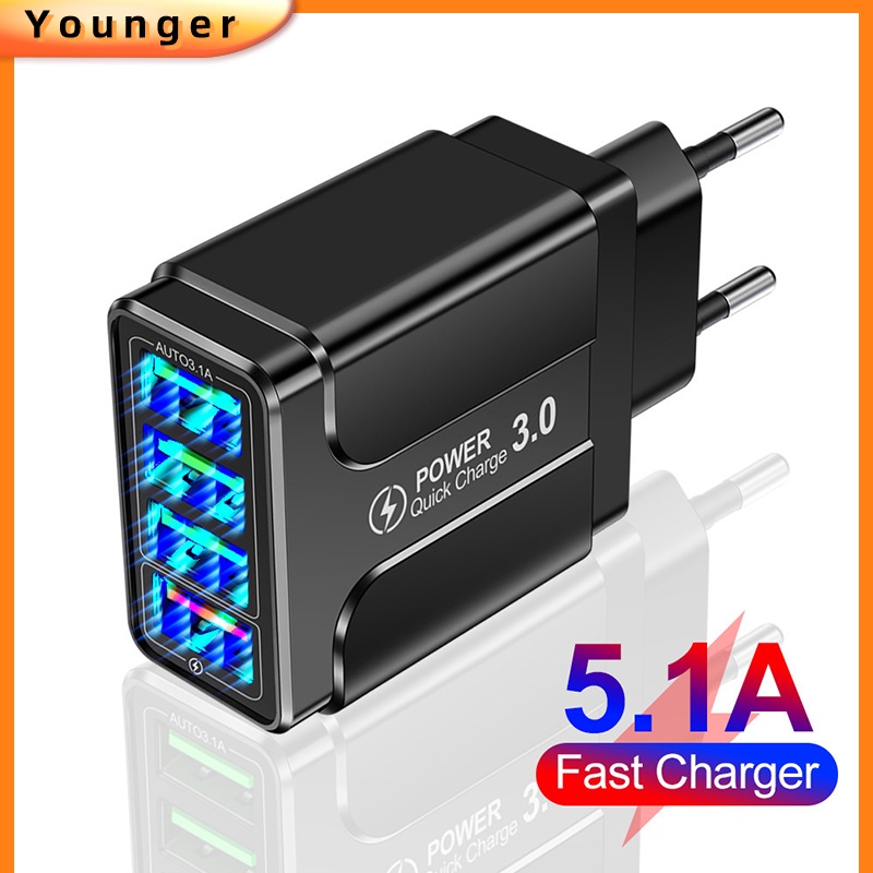 Adapter Charger Dinding 4 Port USB QC 3.0 Fast Charging Untuk Iphone 13 14 Tipe C Android