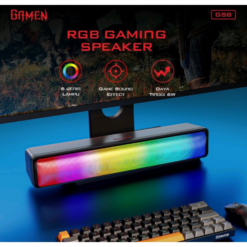 GAMEN GS8 Soundbar Gaming RGB Light Bass Komputer Laptop Speaker Surround