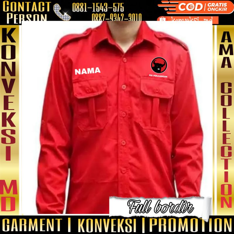 kemeja eksklusif partai PDIP/seragam partai PDIP/kemeja relawan partai PDIP full bordir