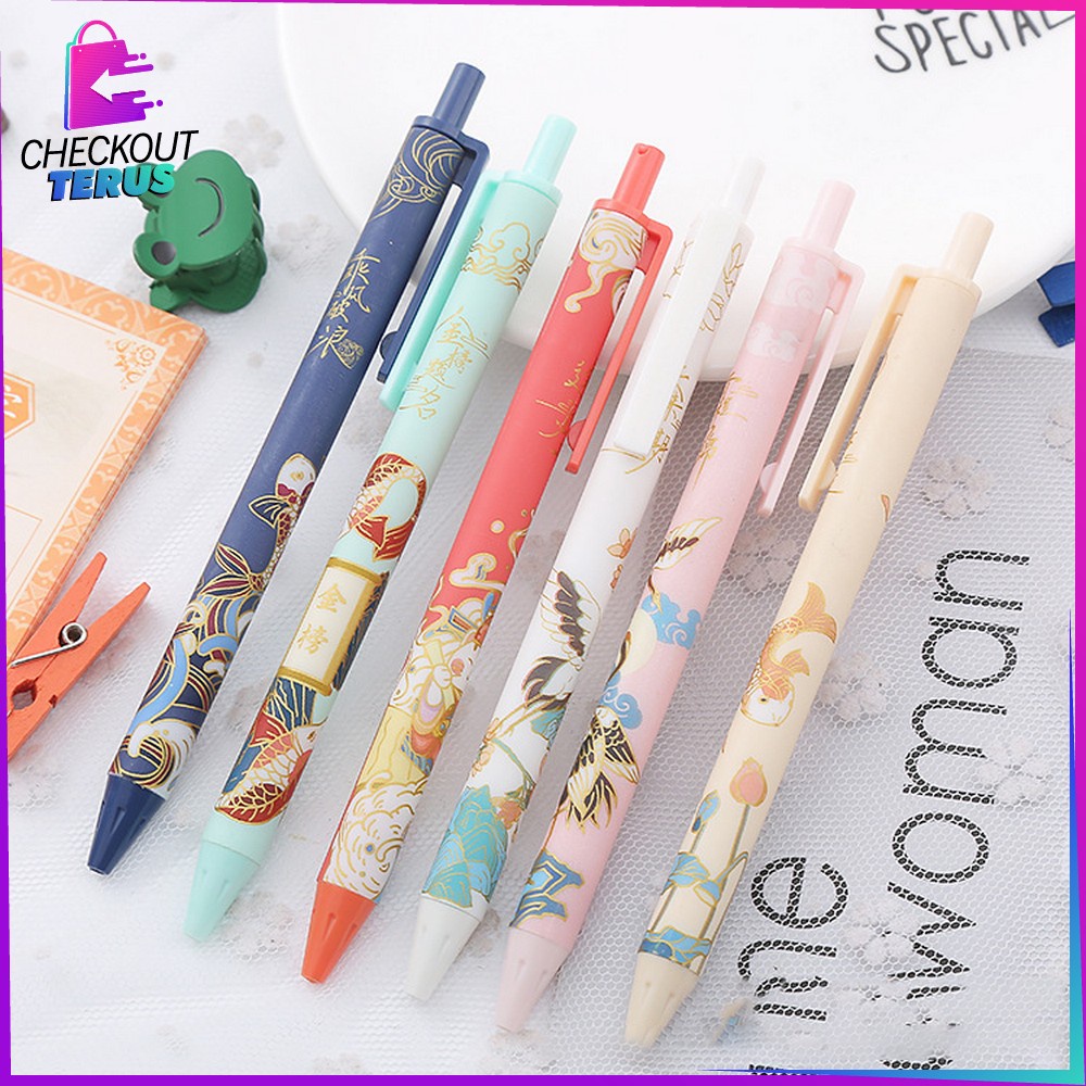 CT A43 Pulpen Mekanik Pen Gel 6PCS Motif Cartoon Pena Alat Tulis Kantor Stationary Bolpoint Anak Sekolah