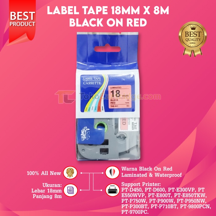 

Compatible Label Tape Laminated TZE-441 18mm X 8m Black On Red Cassette Printer Bro PT-D450 PT-E300VP PT-E800T PT-E850TKW PT-P750W PT-P900W PT-P950NW PT-P300BT PT-P710BT PT-9800PCN PT-9700PC