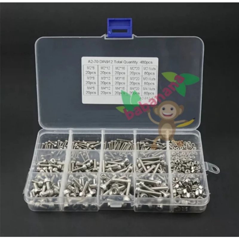 480pcs Screw Nut M3 M3 M4 Baut Mur Steel besi set cap head