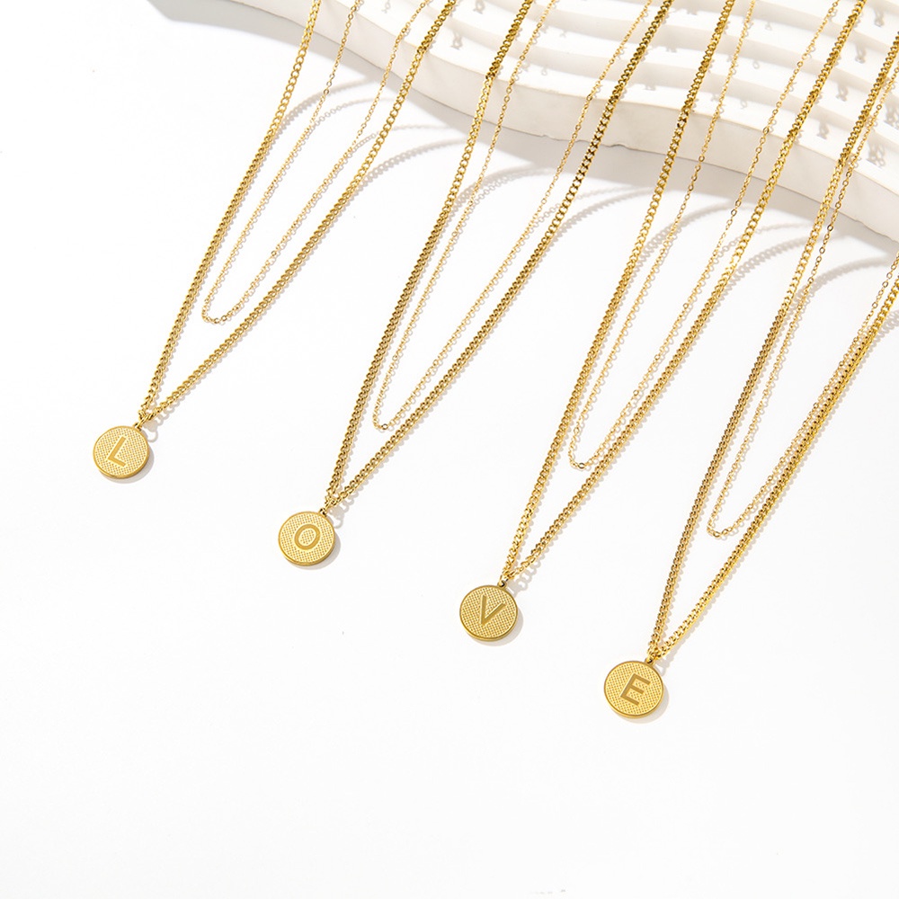 Kalung Rantai Liontin Inisial Nama Bentuk Bulat Bahan Stainless Steel Warna Emas Ukuran 12mm Untuk Wanita