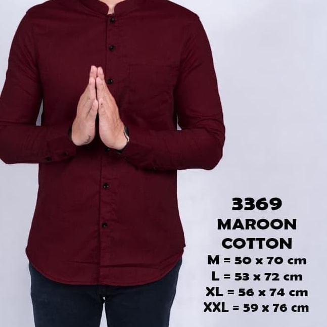 Kemeja pria kerah shanghai koko lengan panjang slimfit MERAH MAROON - Maroon, L
