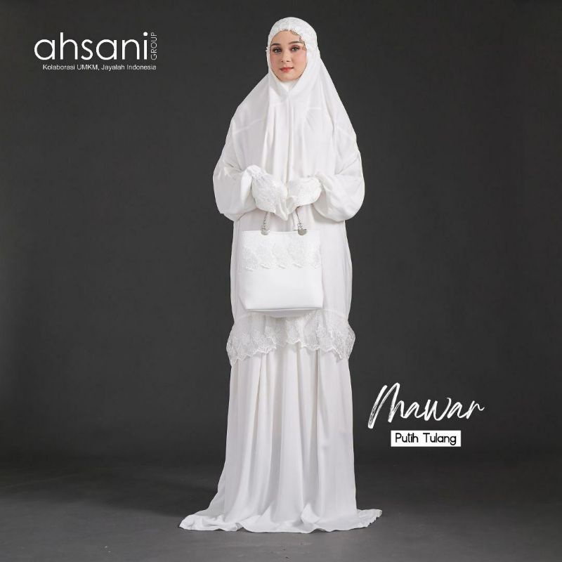 Ahsani Mukena Terusan Dewasa Putih polos Jumbo Mawar A20 Rayon Katun Twill Nyerap Keringat Sejuk Din