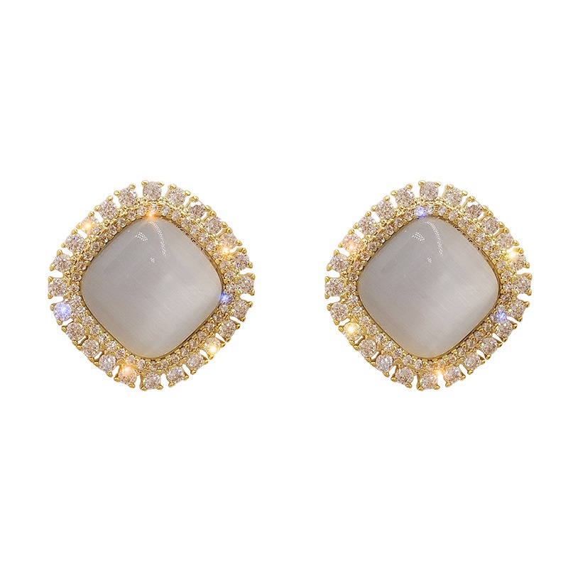 Anting Stud Kristal Opal Bentuk Persegi Warna Emas Untuk Wanita