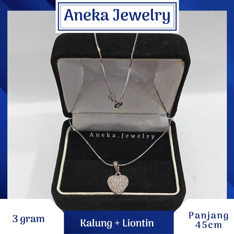 Kalung Cassandra + Liontin Love, Perak 925, Sepuh Emas Putih