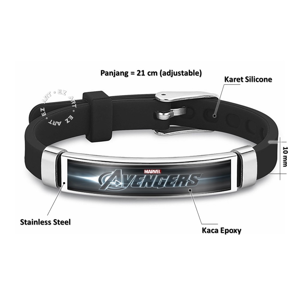 GELANG KARET TEMA SUPERHERO MARVEL AVENGERS SILICONE PLAT STAINLESS STEEL KACA EPOXY MODEL SABUK STRAP GAMBAR CAPTAIN AMERICA IRONMAN SPIDERMAN BLACKPANTHER THOR DEADPOOL BATMAN HULK WOLVERINE SHIELD