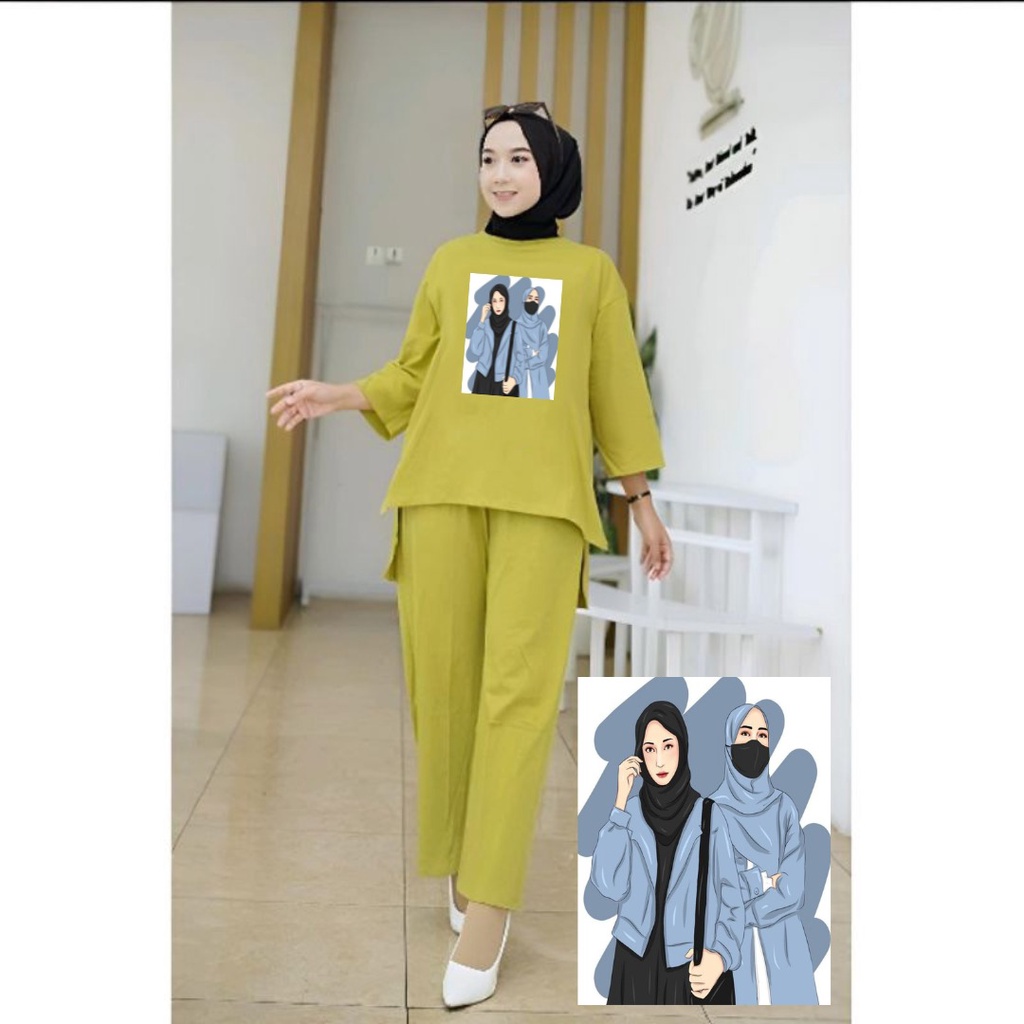 Setelan Tunik Muslim Hijab Biru/ Blouse Wanita