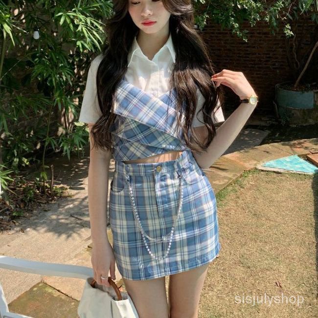 #Sisjuly# Set Kemeja Lengan Pendek Putih Wanita Putih Bawah Kemeja Kotak-kotak Rompi Kamisol Rok Set