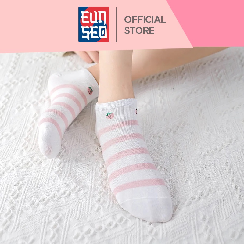 EUNSEO Kaos Kaki Ankle Cute Fashion Korea Motif Strawberry Garis Pink Kaos Kaki Pendek Import