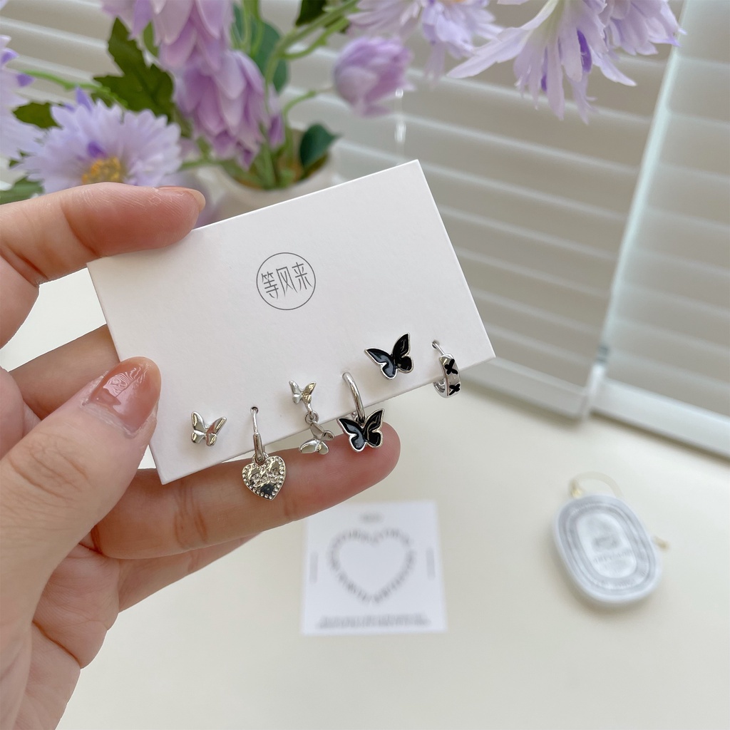 Anting Hoop S925 Silver Bentuk Kupu-Kupu Tulip Bahan Resin Warna Ungu Untuk Wanita