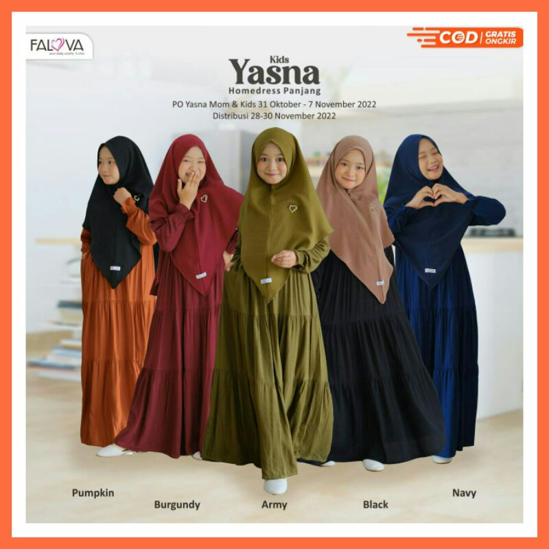 Yasna Dress Kids & Khimar Jenna Kids by Falova Gamis Anak Rayon Premium Polos Homedress Panjang Khim