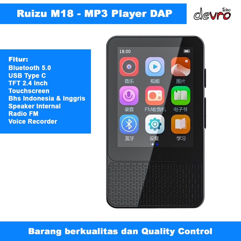 Ruizu M18 - Bluetooth HiFi TFT 2.4" Touchscreen 16GB DAP MP3 Player