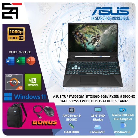 Asus Gaming TUF FA506QM RTX3060-6GB Ryzen 9 5900HX 16GB 512GB SSD  W11 OHS 15.6 Inchi FHD IPS 144Hz