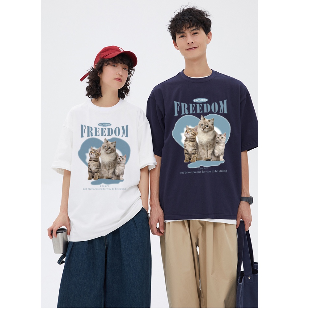 RDGF official shop T-shirt Oversize Three Cats | Kaos Hitam 2023 winter new couple sweater kaos cowok baju hitam cartoon cat print kaos polos kaos couple ootd wanita atasan kaos wanita lengan panjang kaos t shirt oversize kaos cotton