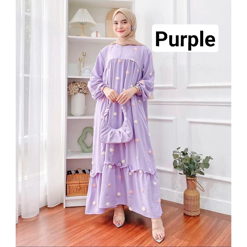 Pom Pom Bordir Gamis Wanita Crinkle Airflow Premium Dress Wanita Lengan Balon Karet Baju Wanita Muslim Kekinian LD 115 cm