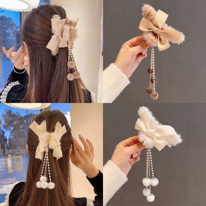 Delunashop_Acc Jepit Rambut Wanita Motif Kupu Jedai Bulu Pom Pom Gaya Korea Import