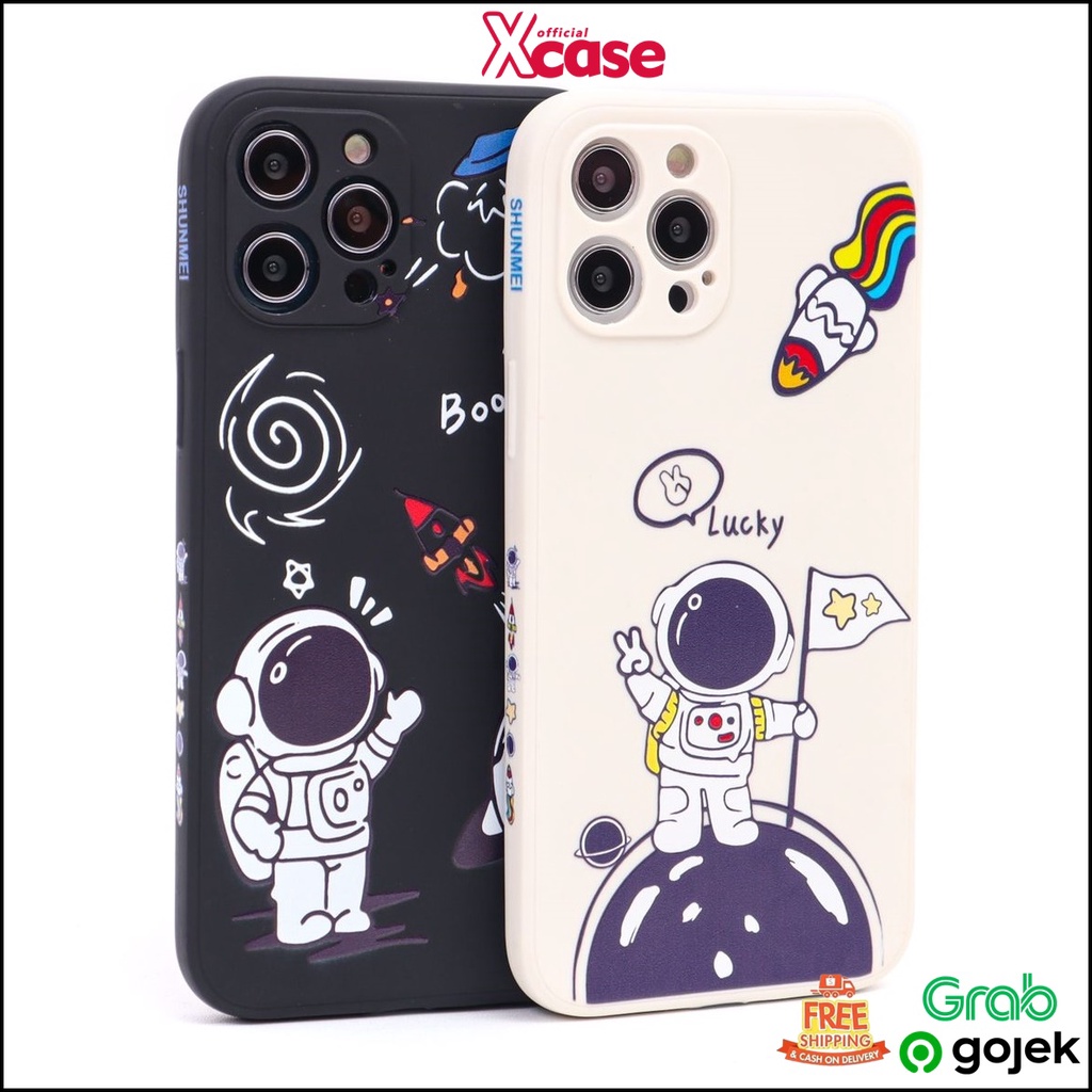 Soft Case iPhone Astronot Lucky &amp; Boow Full Lens Cover Square Edge 6 7 8 SE 6+ 7+ 8+ X XR XS 11 12 Pro Max