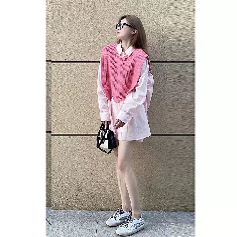 2022 new early autumn high-end Korean top light mature pink long-sleeved loose vest shirt two-piece