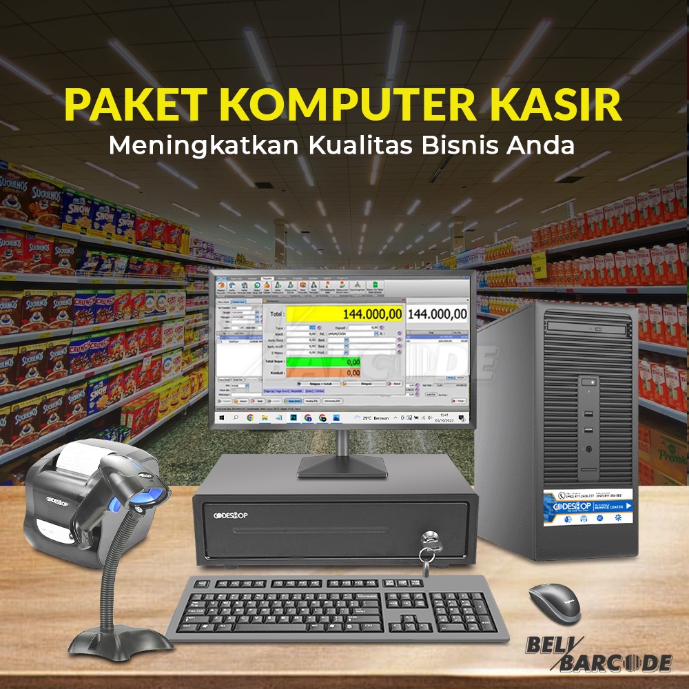 Paket Komputer Kasir Software Scanner Bluetooth Printer Thermal Cash Drawer Codeshop