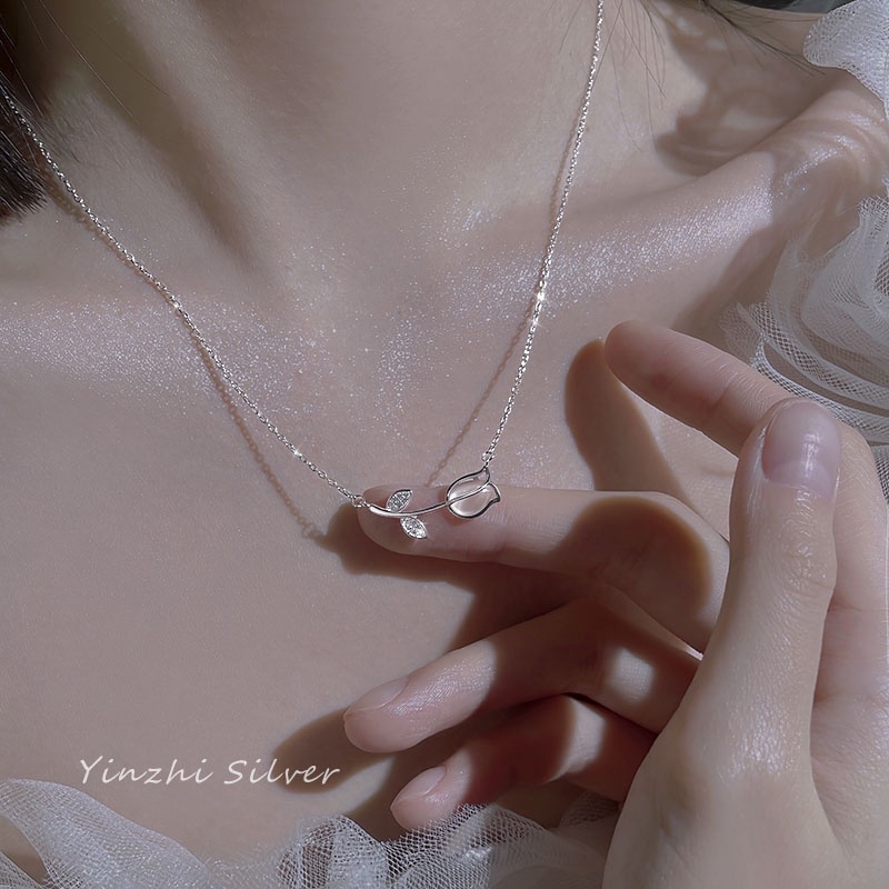 AY(CN) Kalung Anting Tulip Sederhana Kalung Anting Moonstone Kristal Emas Perak Earring Chain Choker Untuk Aksesoris Perhiasan Wanita