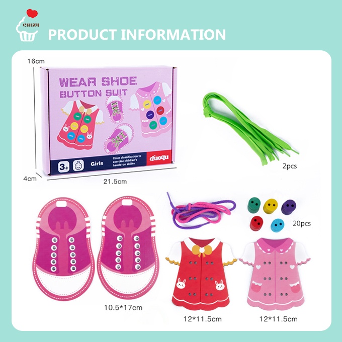 Duoqu Wear Shoe Button Suit SET | Mainan Menjahit Kancing Baju Mengikat Tali Sepatu | Montessori Lacing Threading Sewing Toy | Mainan Edukatif Edukasi Anak Motorik Halus | Hand Eye Coordination / Koordinasi Mata dan Tangan