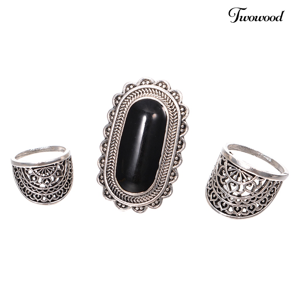 3pcs / Set Cincin Jari Wanita Model Hollow Out Aksen Berlian Imitasi Gaya Vintage Untuk Pesta