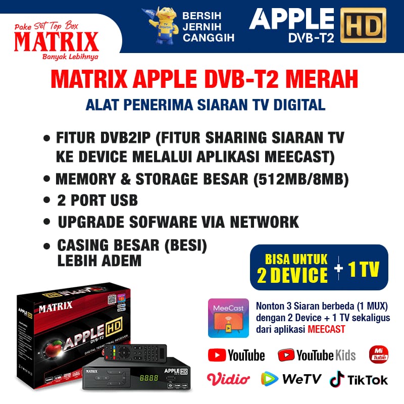 HOT SALE!!!STB Mtrix, Grosir Murah!!! Set Top Box Matrix DVBT - 2 APPLE HD Merah (Free kabel RCA) (B