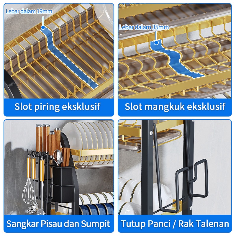 Rak Piring Stainless Dapur Rak Cuci Piring Rak Penyimpanan Piring Susun Muat Mangkuk