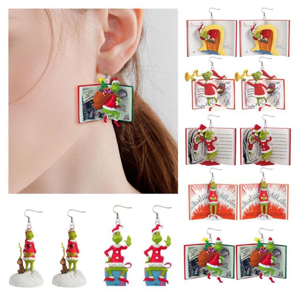 Mxbeauty Wanita Drop Earrings Hadiah Vintage Perhiasan Aksesoris Untuk Gadis Hijau Berbulu Monste Xmas Dekorasi Pesta Natal Menjuntai Earrings