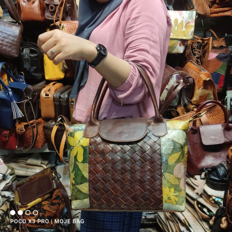 tas kulit sapi asli ecoprint mix anyam model Lina termurah by moje jogja