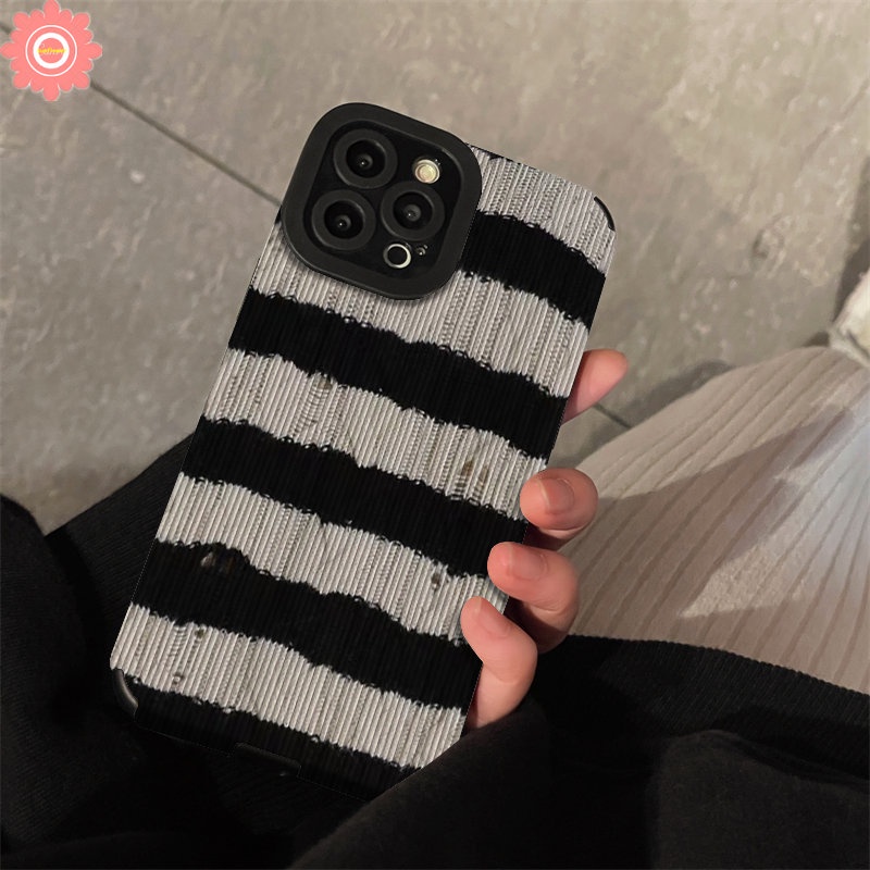 Soft Case Silikon Tekstur Kulit Garis Hitam Putih Tahan Banting Untuk iPhone 11 14 13 12 Pro Max 7Plus XR X XS Max 7 8 Plus