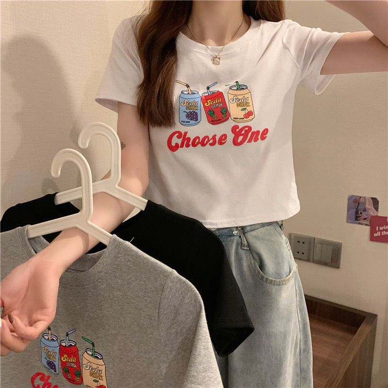 [littlecrab] Crop Top Fruit Soda Drink Choose One Hitam Putih Abu Sablon Colorful Berkualitas Simple Elegan Atasan Kaos Crop Unik Aesthetic Motif Minuman Kaleng Buah Grape Pineapple Cherry Korean Style