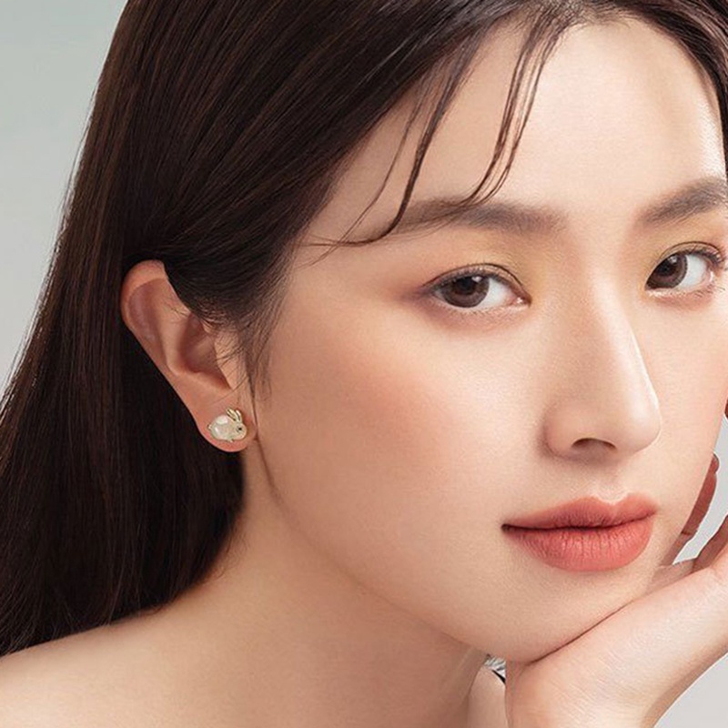 Fancyqube Anting 925 Silver Needle Bentuk Kelinci Aksen Berlian Giok Gaya Korea Untuk Aksesoris Wanita