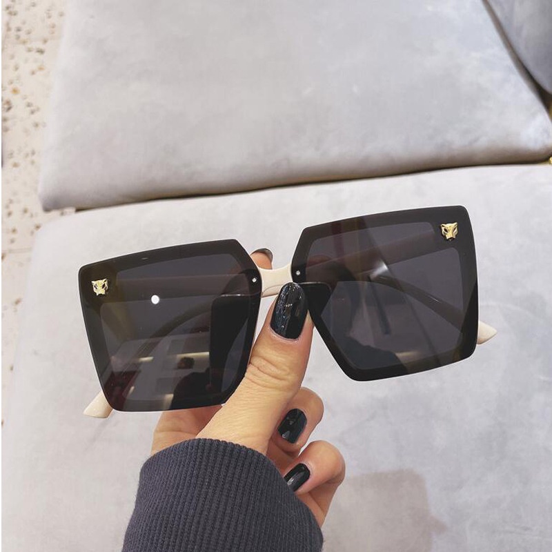 (YUZHU) Korea Fashion Oversized Bingkai Persegi Bingkai Persegi Leopard Kepala Kacamata Hias Baru Fashion Gradient Shade Sunglasses