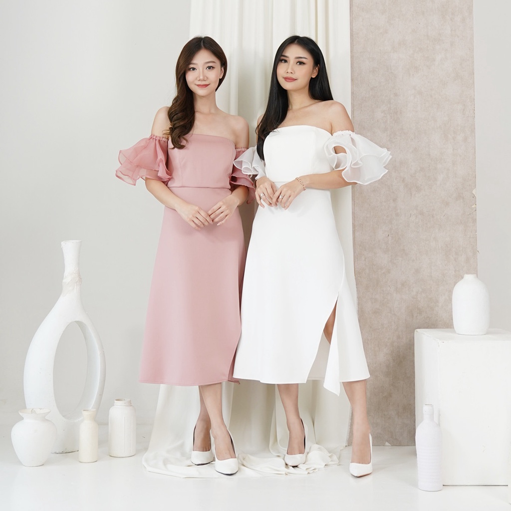 DRESS KOMBINASI ORGANZA MOLITA - Gaun Pesta Wanita Lengan Pendek Bahan Prime Scuba | Midi Dress Cewe