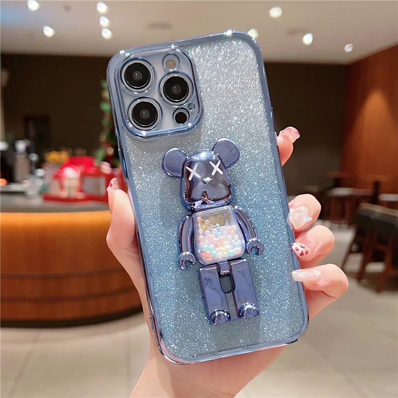 IPHONE Plating Candy Bear Bracket Glitter Powder Casing Ponsel Transparan Kompatibel Dengan Iphone14 13 12 11 Pro Max14 Plus Casing Lembut Anti Jatuh Anti slip