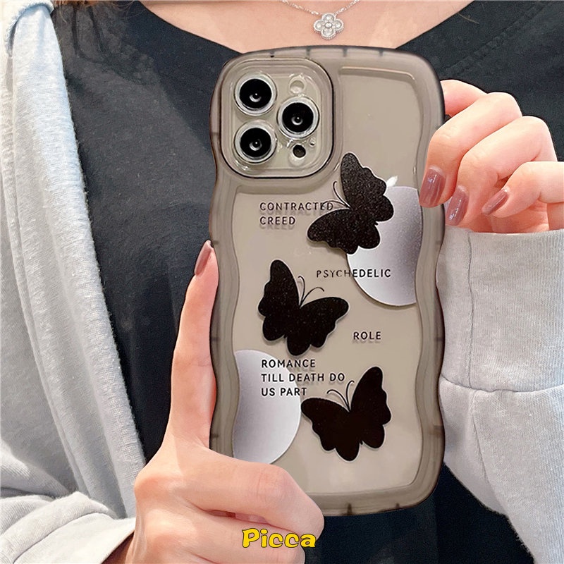 Fashion Art Black Butterfly Case Untuk Samsung A04s A14 A12 A50 A32 A53 A23 A13 A22 A52 A03s A52s A33 A50s A02s A21s A30s A20 A51 A03 A11 M22 M12 A31 M32 F22 Wavy Edge Soft Cover