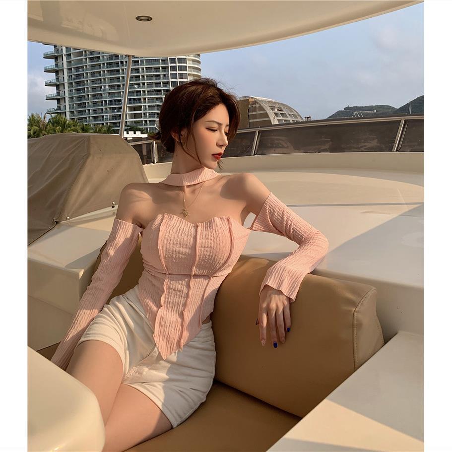 Suhao one-shoulder tulang selangka T-shirt wanita desain musim panas murni keinginan gaya pendek ketat halter tube top pink lengan panjang atas