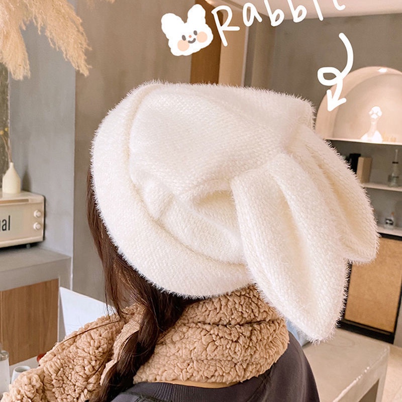 Topi Baret Plush Tebal Hangat Anak Perempuan Aksen Telinga Kelinci Lucu Untuk Musim Dingin