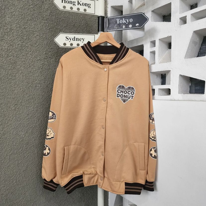 CHOCO DONUT BASEBALL SWEATER JAKET WANITA OVERSIZE BAHAN FLEECE