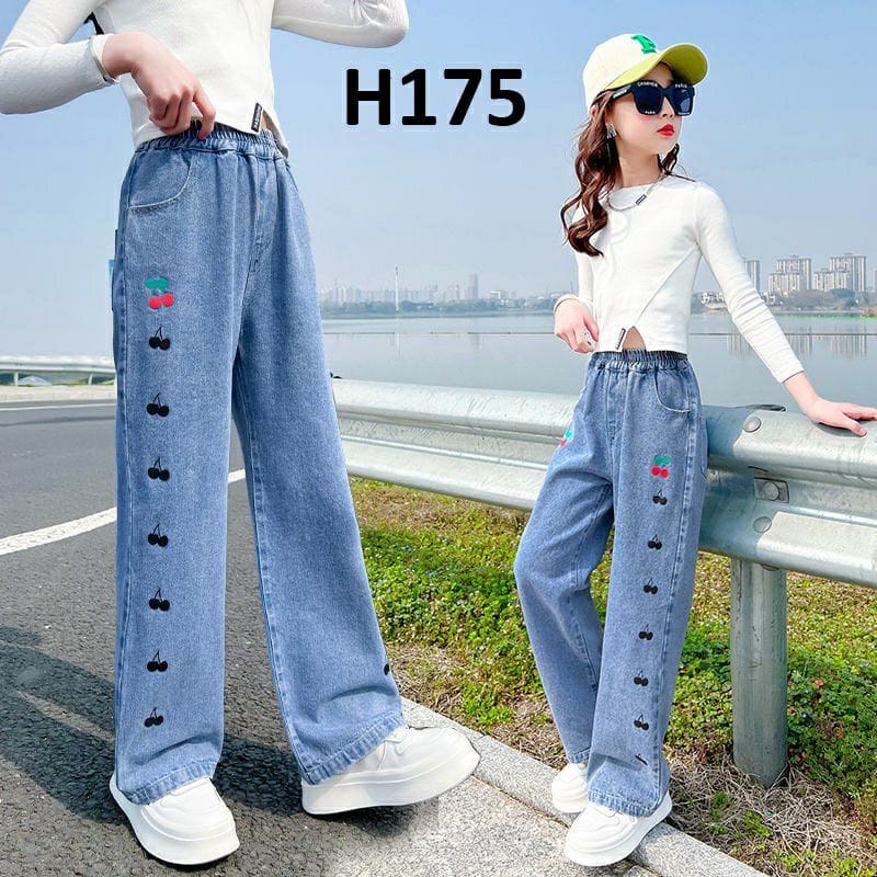 Celana Kulot Panjang Anak 12 tahun Bahan Jeans Bordir Buah Cherry | Celana Anak Perempuan | Korean Style Outfit Kekinian