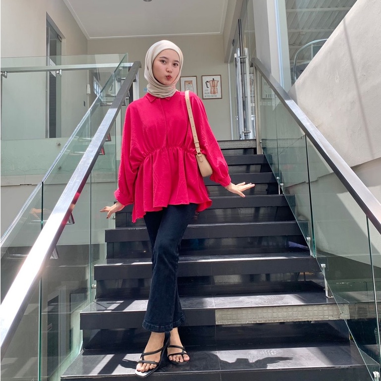 Aliya Blouse Kerut Wanita Oversized - Batwing Top Blouse - Atasan Wanita - Kemeja Wanita - Baju Lengan Panjang Wanita - Laura Cotton Top Blouse - Atasan Blus