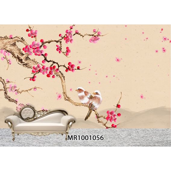 PHOTOWALL MURAL 3D DINDING MOTIF BUNGA SAKURA PINK PUTIH ELEGANT MEWAH