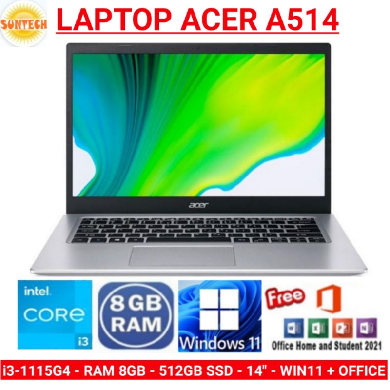 LAPTOP ACER ASPIRE 5 A514 i3-1115G4/RAM 8GB/SSD 512GB/14"/WINDOWS+OFFICE