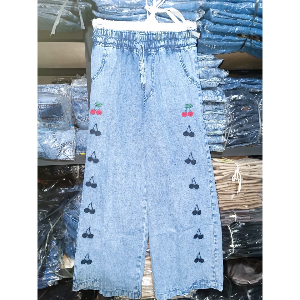 Celana Kulot Panjang Anak 12 tahun Bahan Jeans Bordir Buah Cherry | Celana Anak Perempuan | Korean Style Outfit Kekinian