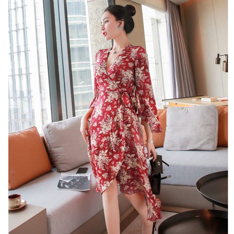 0981 Pakaian Baju Midi dress nuansa merah natal Christmas pesta kondangan CNY Chinese new year Imlek